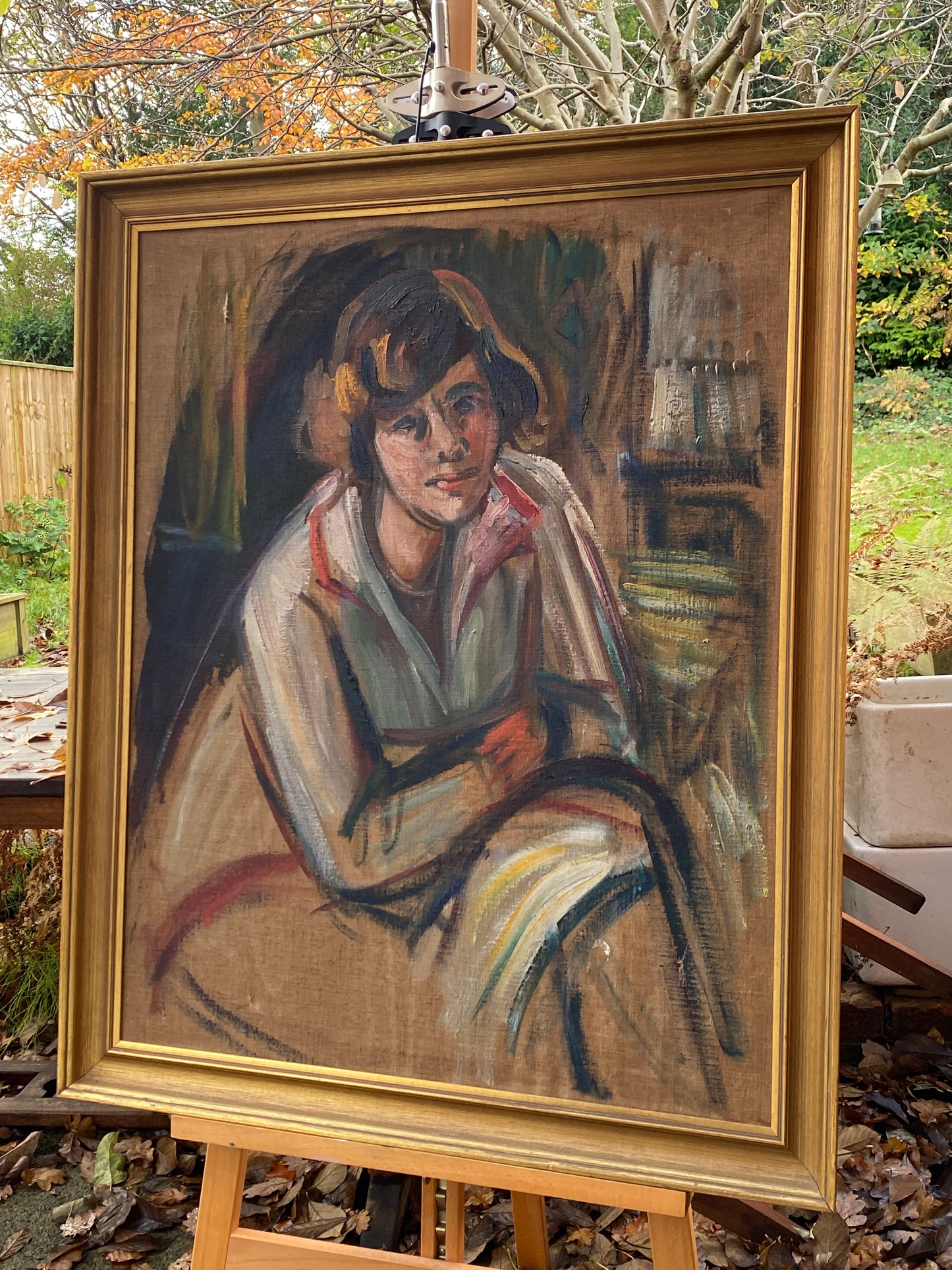 Mid 20th Century Gold Framed Continental School 'Person in White' Oil on Canvas