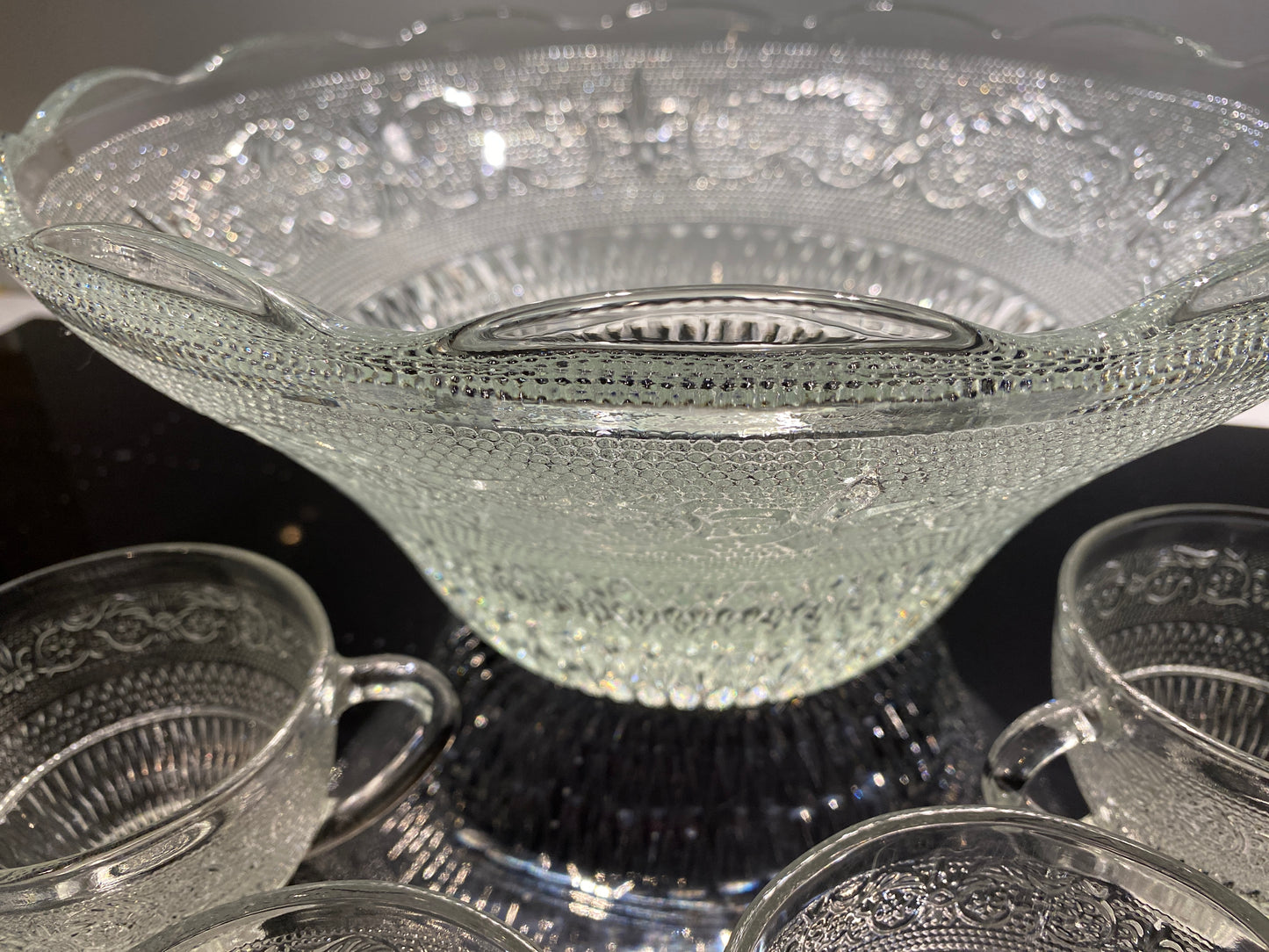 Vintage Mid Century Modern Pressed Glass Punch Bowl Set & 11 Cups - Party