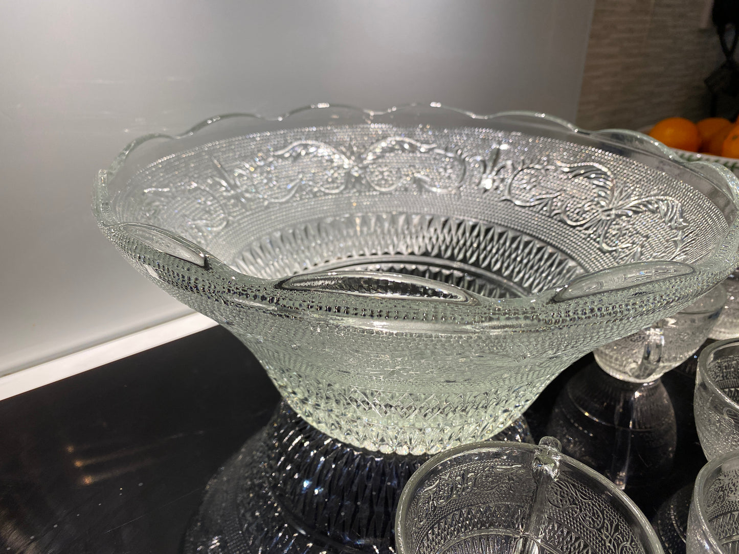 Vintage Mid Century Modern Pressed Glass Punch Bowl Set & 11 Cups - Party