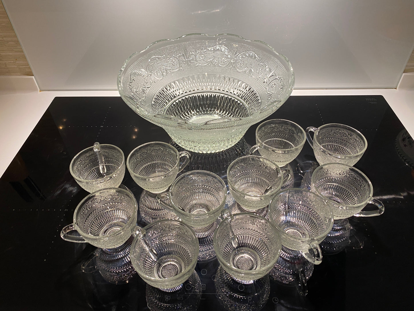 Vintage Mid Century Modern Pressed Glass Punch Bowl Set & 11 Cups - Party