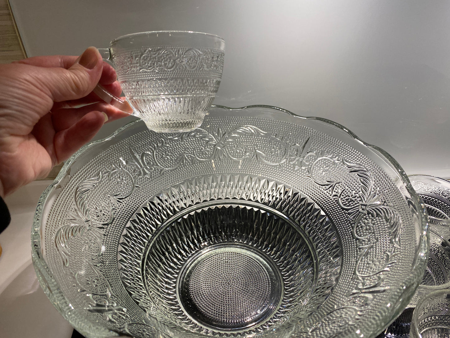 Vintage Mid Century Modern Pressed Glass Punch Bowl Set & 11 Cups - Party