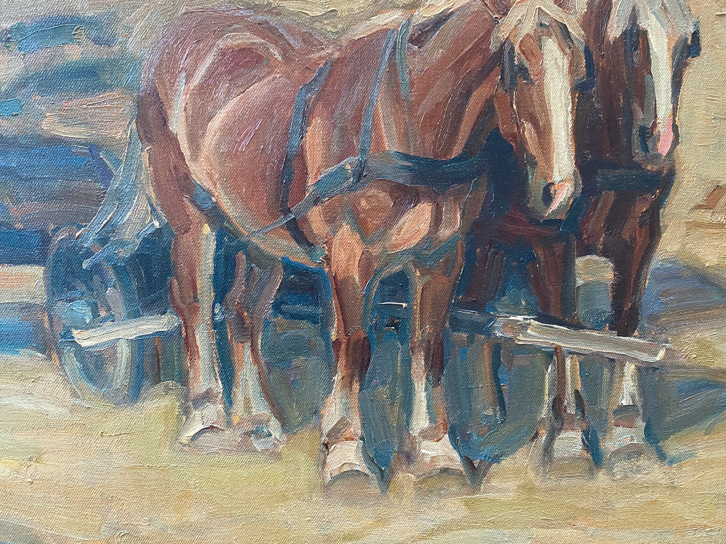 Oil on Canvas 'Horses Work the Field' Mid 20th Century - Impressionist Scene Oil on Canvas