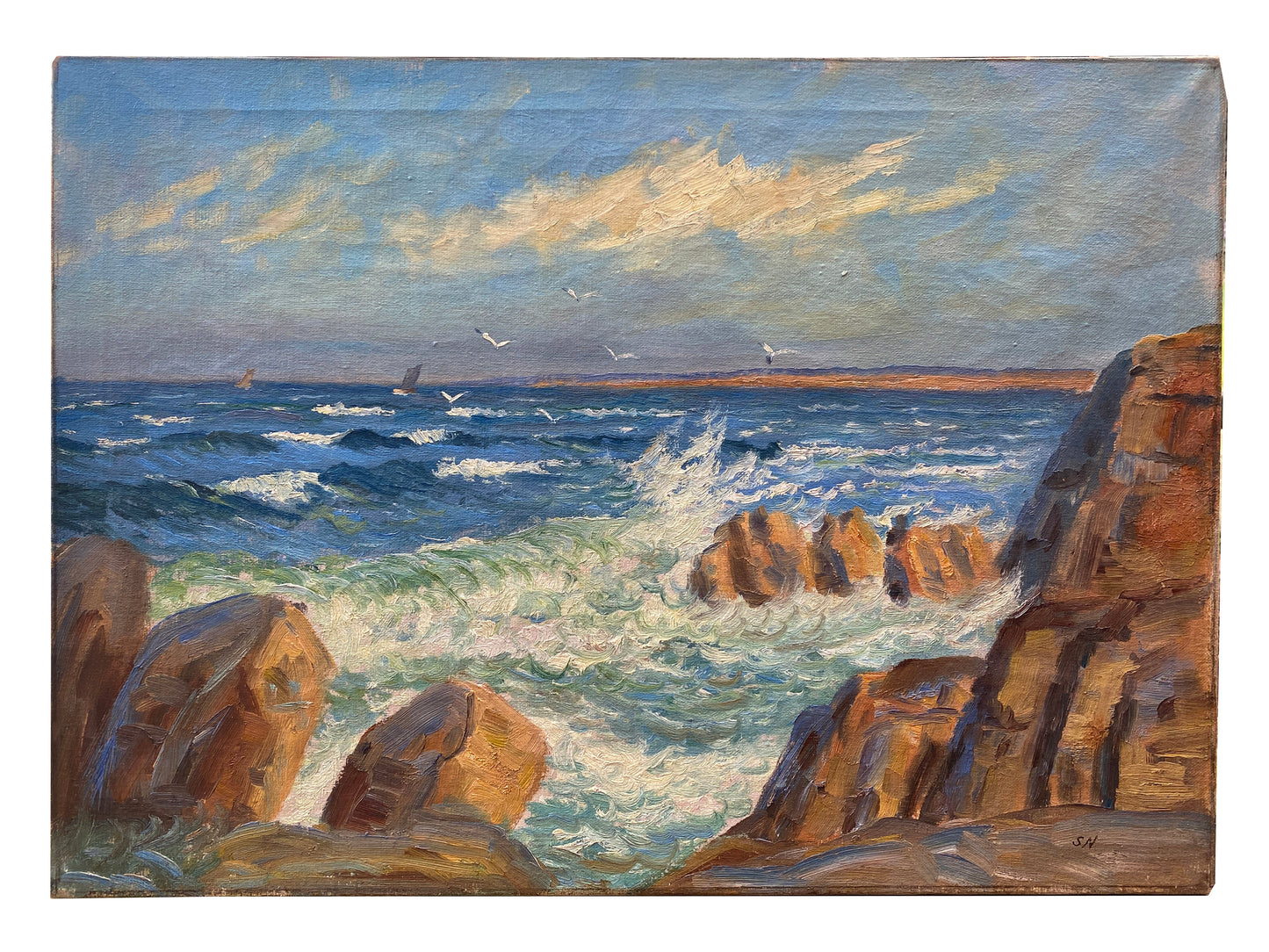 Danish School - c1950 Oil on Canvas of 'Stormy Seas and Crashing Waves' by SN