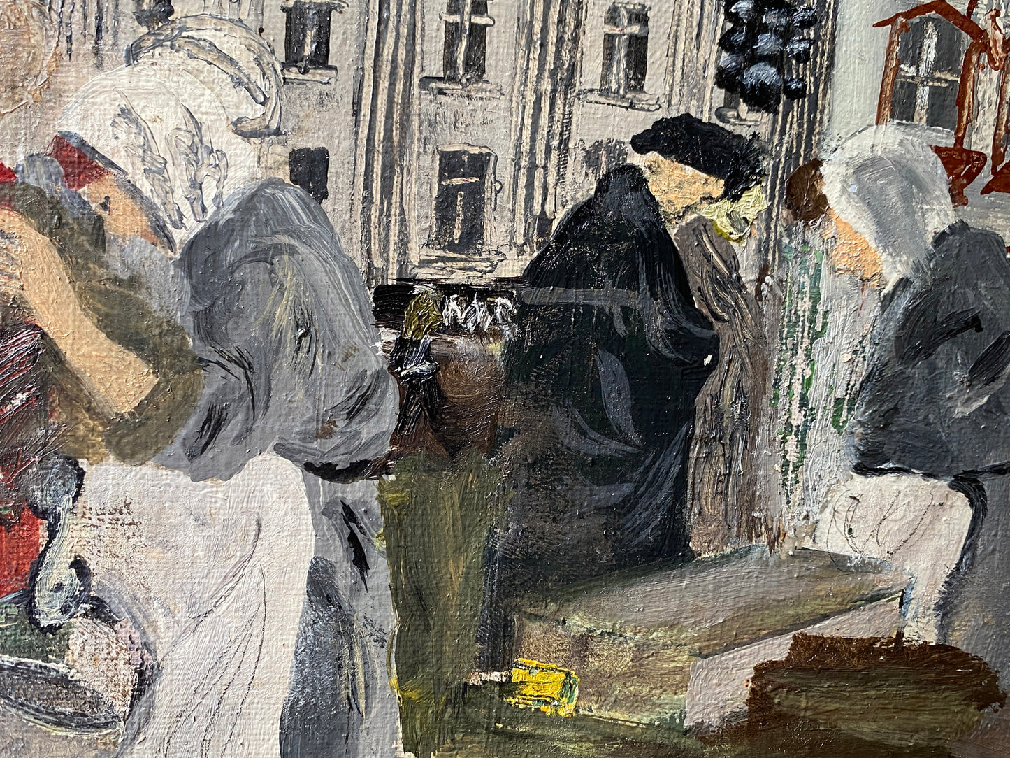 Framed Oil on Canvas "Figures at a busy fish market on the Gammel-Strand" Danish c1950