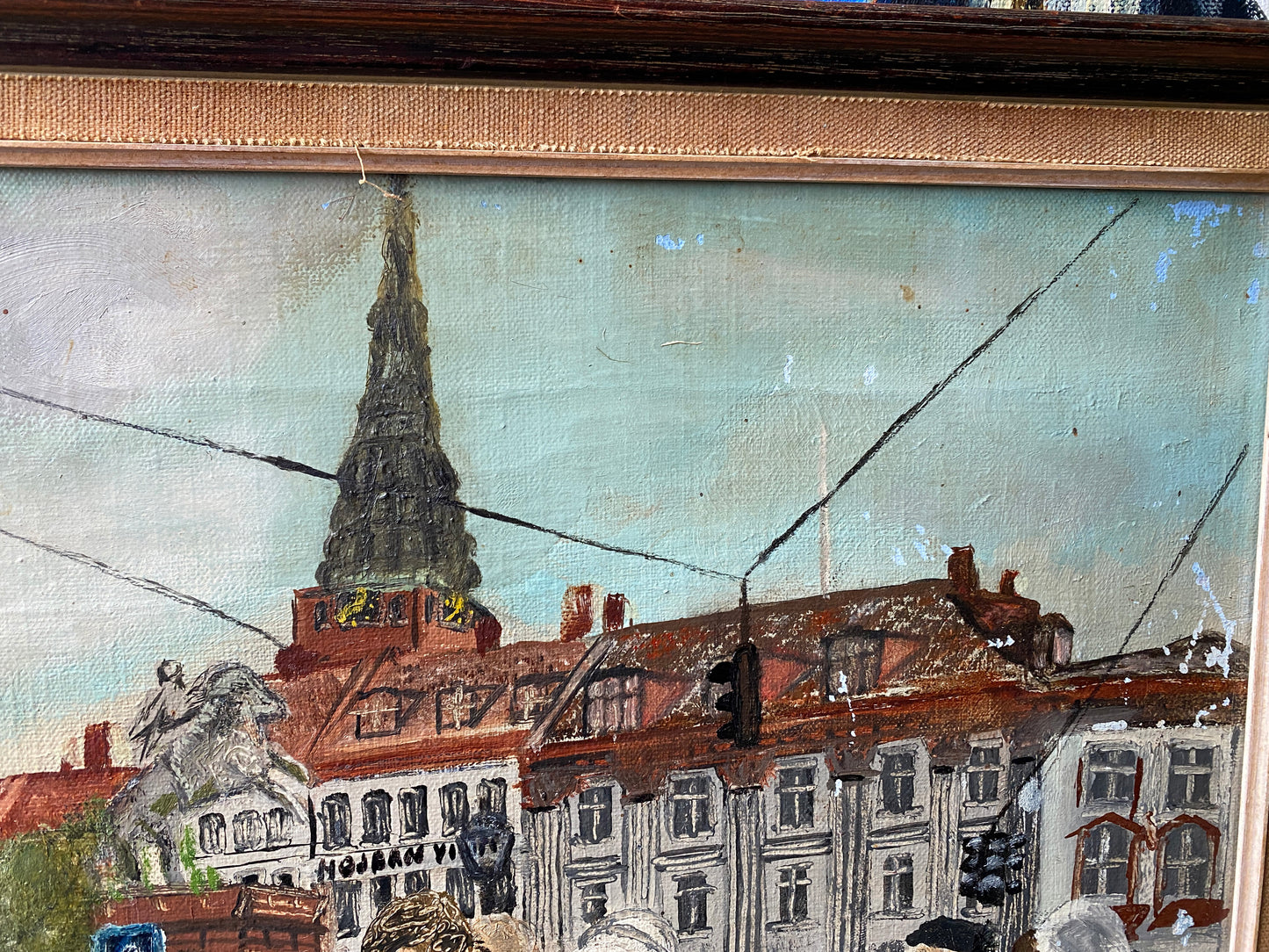 Framed Oil on Canvas "Figures at a busy fish market on the Gammel-Strand" Danish c1950