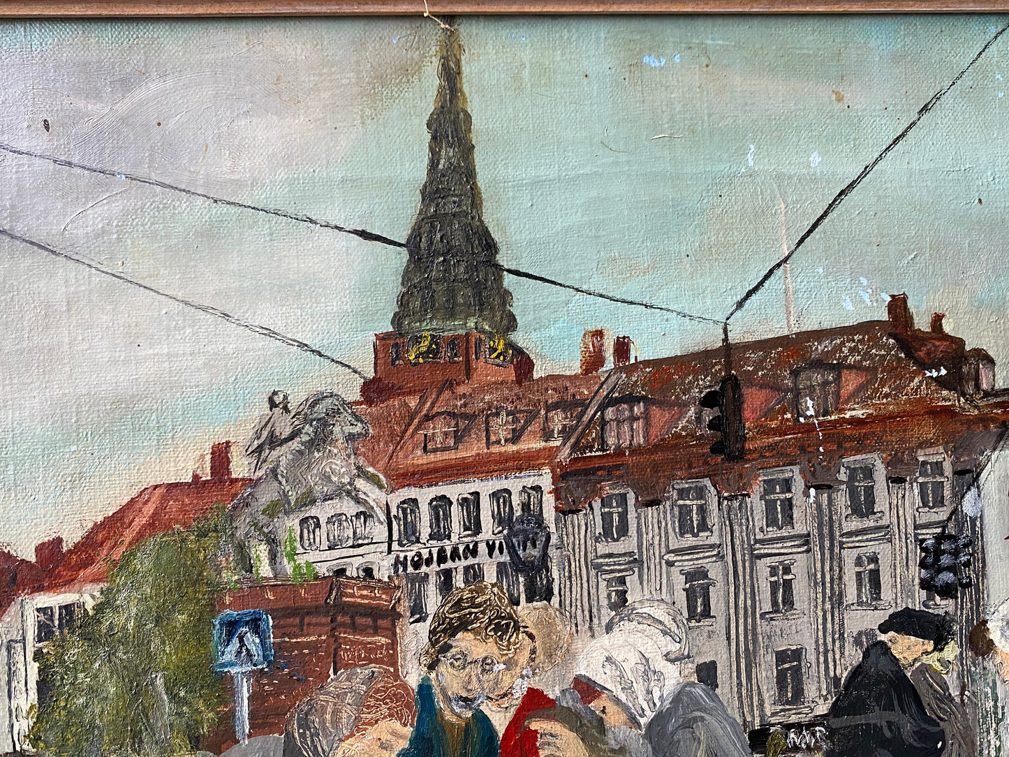 Framed Oil on Canvas "Figures at a busy fish market on the Gammel-Strand" Danish c1950