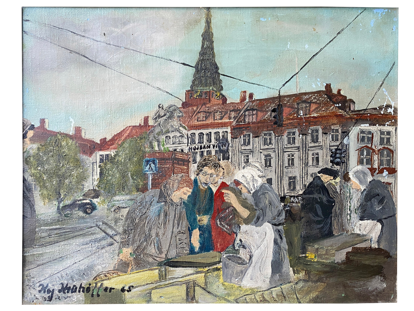 Framed Oil on Canvas "Figures at a busy fish market on the Gammel-Strand" Danish c1950