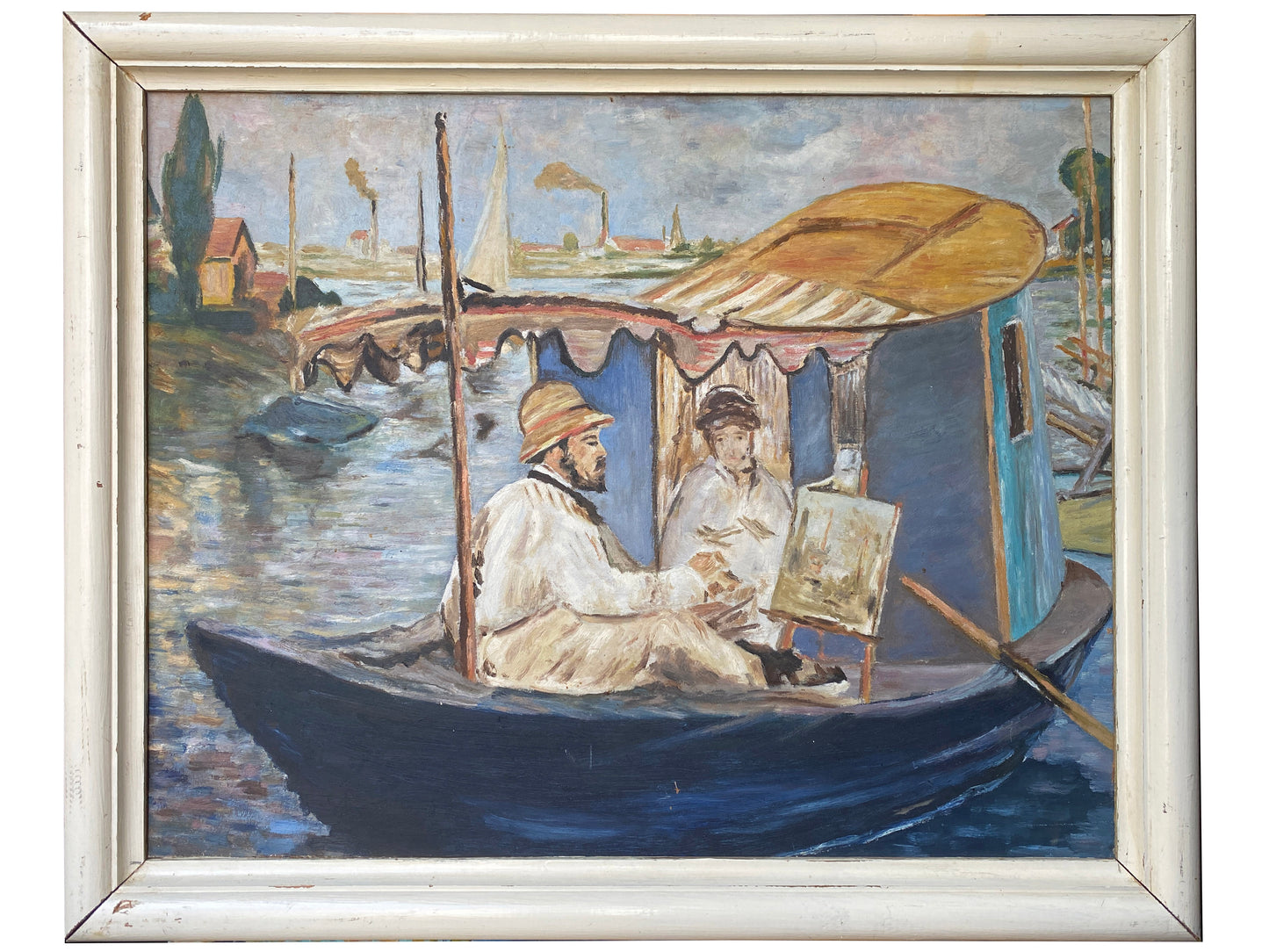 Framed Oil  on Board 'Monet Painting in his Studio Boat' Mid 20th Century - Impressionist Manet