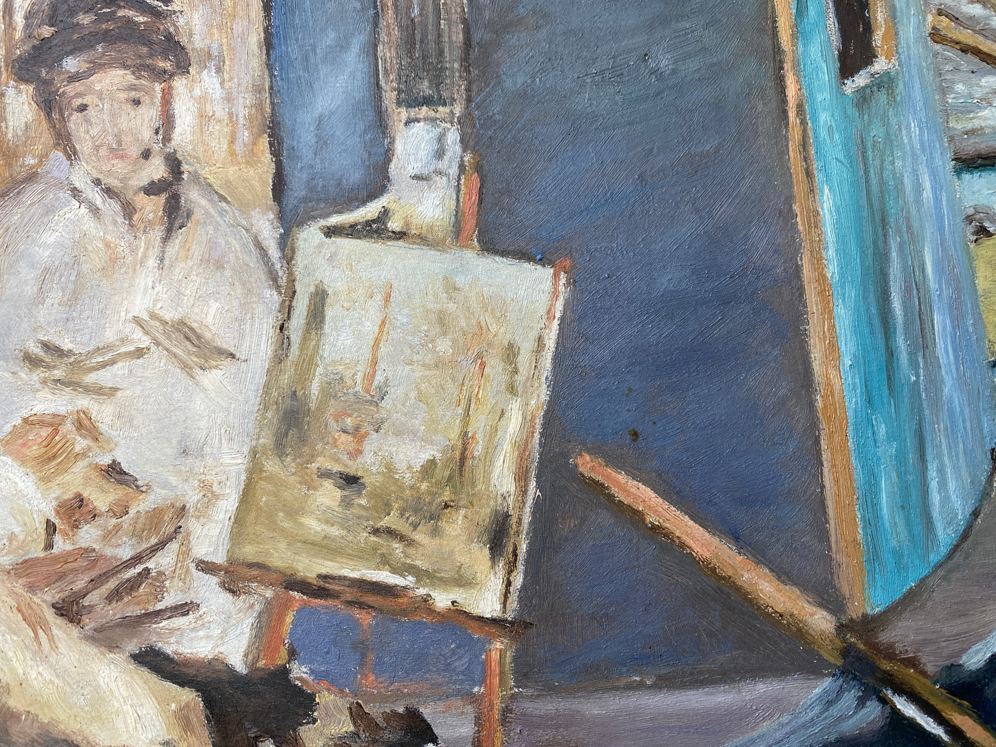 Framed Oil  on Board 'Monet Painting in his Studio Boat' Mid 20th Century - Impressionist Manet