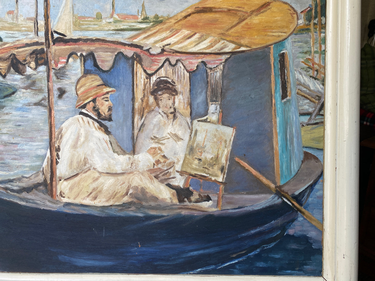 Framed Oil  on Board 'Monet Painting in his Studio Boat' Mid 20th Century - Impressionist Manet