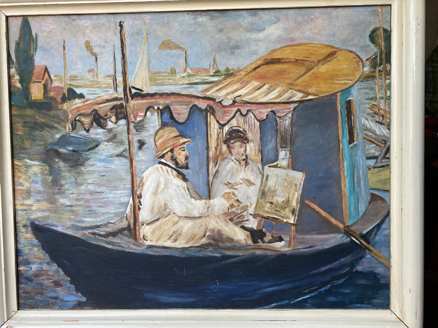 Framed Oil  on Board 'Monet Painting in his Studio Boat' Mid 20th Century - Impressionist Manet