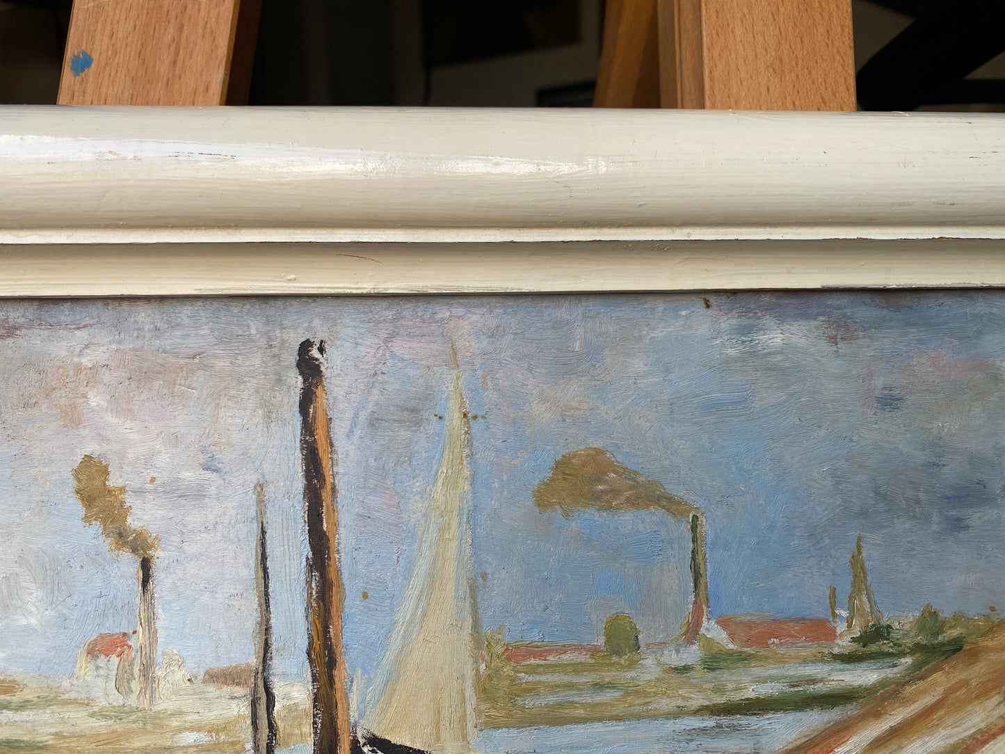 Framed Oil  on Board 'Monet Painting in his Studio Boat' Mid 20th Century - Impressionist Manet