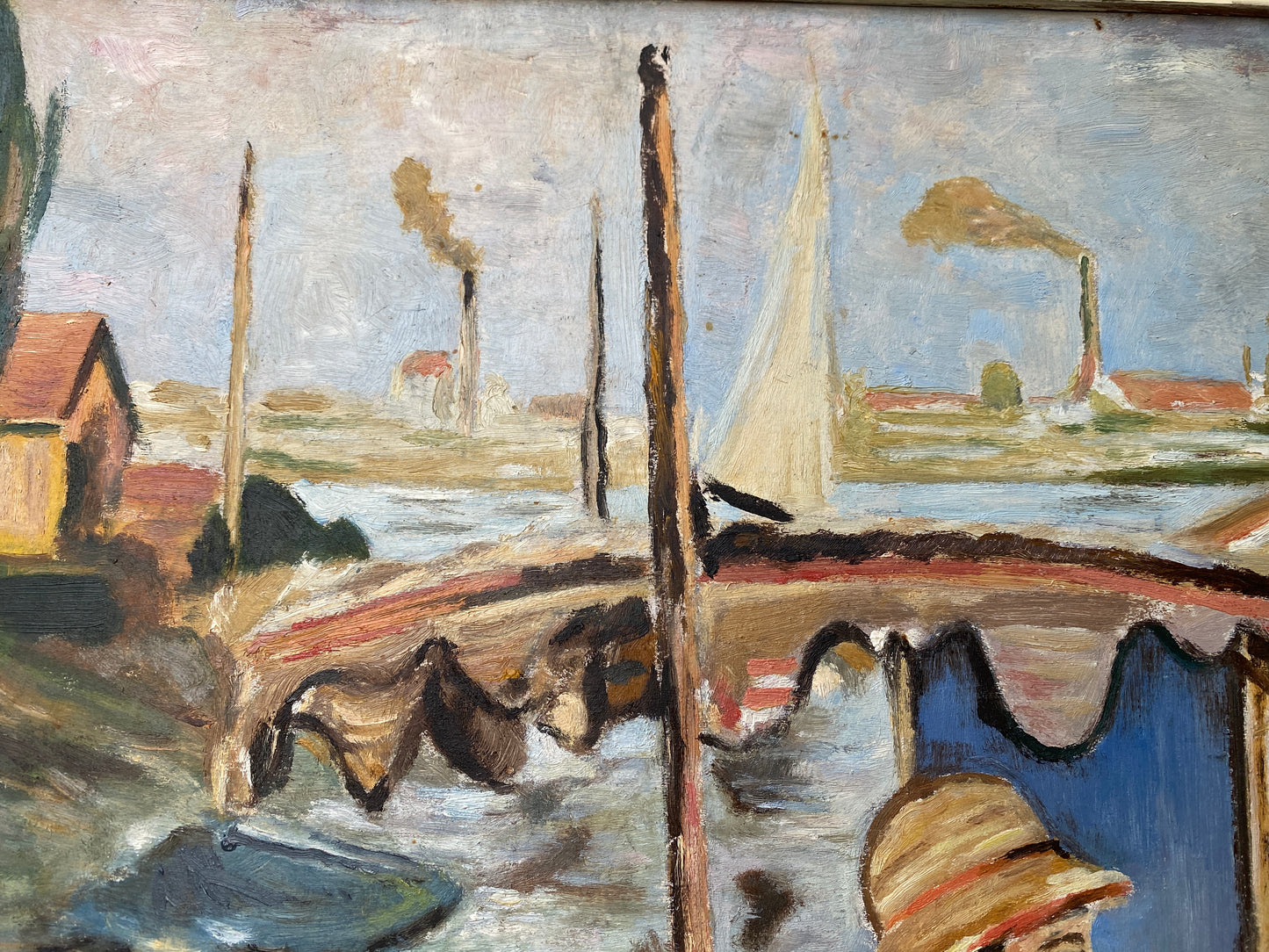 Framed Oil  on Board 'Monet Painting in his Studio Boat' Mid 20th Century - Impressionist Manet