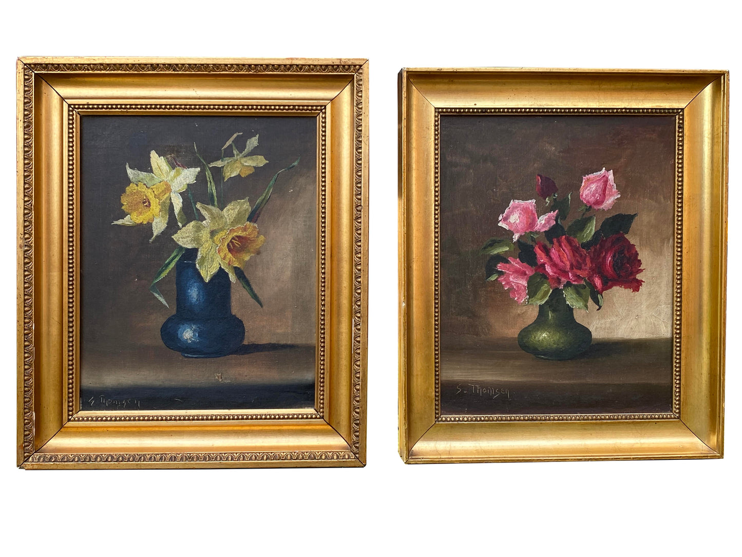 A near pair Framed Danish Art Oil in Canvas 'Flowers in Vases S. Thomsen c 1940s