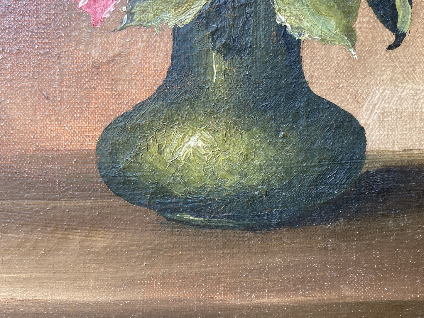 A near pair Framed Danish Art Oil in Canvas 'Flowers in Vases S. Thomsen c 1940s