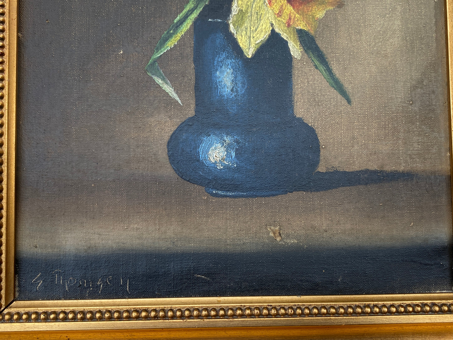 A near pair Framed Danish Art Oil in Canvas 'Flowers in Vases S. Thomsen c 1940s