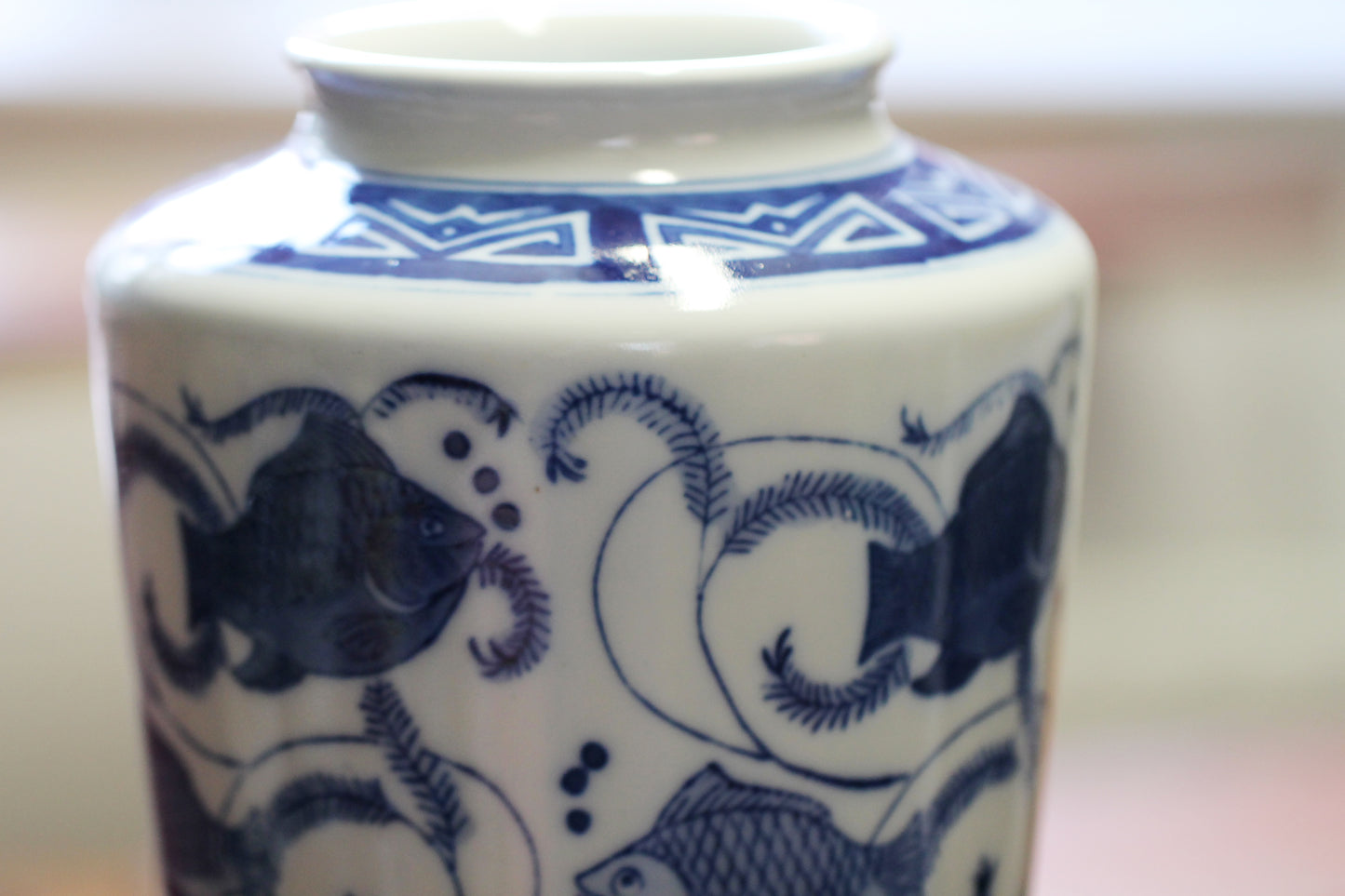 c1950s Chinese Import Blue and White Vase - Beautifully decorated with Koi Fish Carp