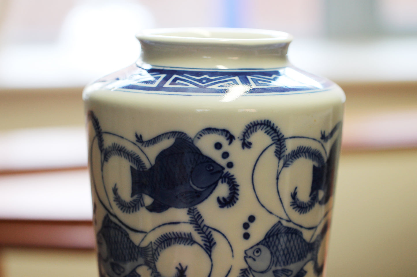 c1950s Chinese Import Blue and White Vase - Beautifully decorated with Koi Fish Carp