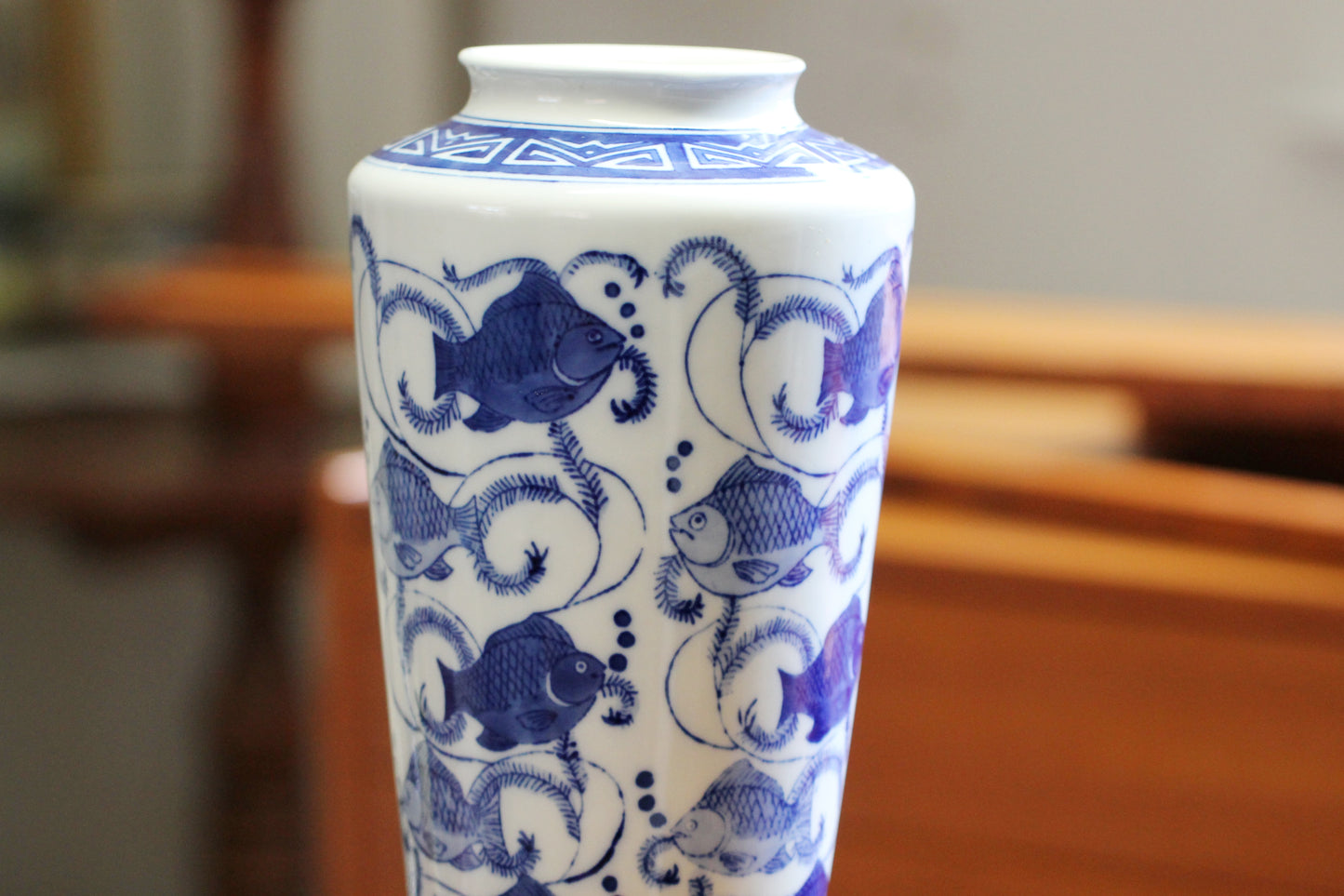 c1950s Chinese Import Blue and White Vase - Beautifully decorated with Koi Fish Carp