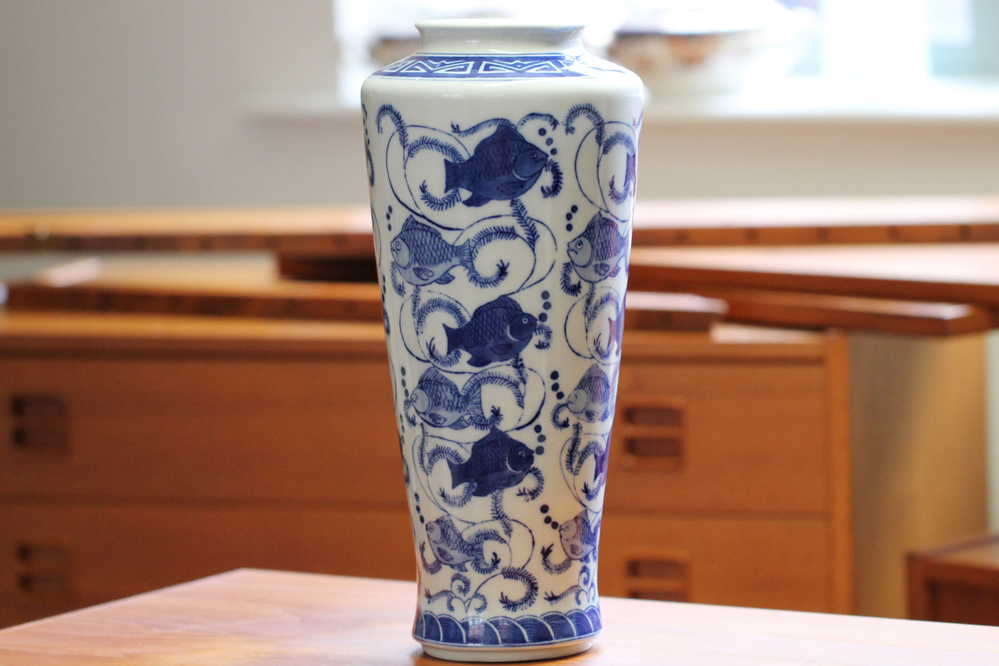 c1950s Chinese Import Blue and White Vase - Beautifully decorated with Koi Fish Carp