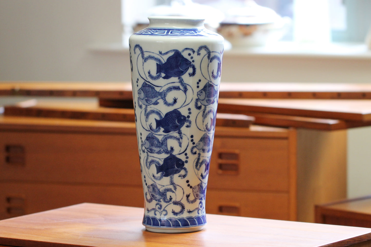 c1950s Chinese Import Blue and White Vase - Beautifully decorated with Koi Fish Carp