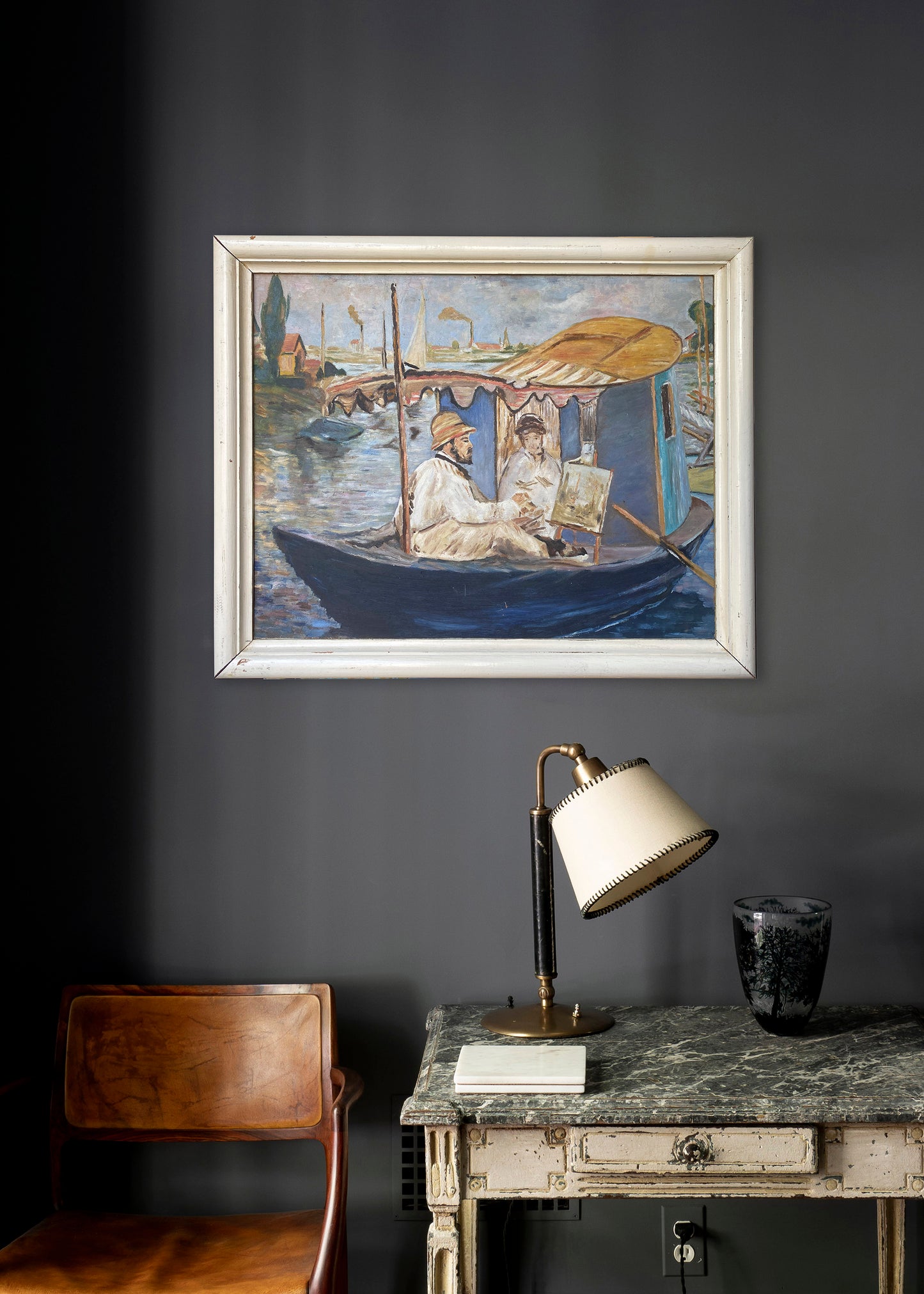 Framed Oil  on Board 'Monet Painting in his Studio Boat' Mid 20th Century - Impressionist Manet