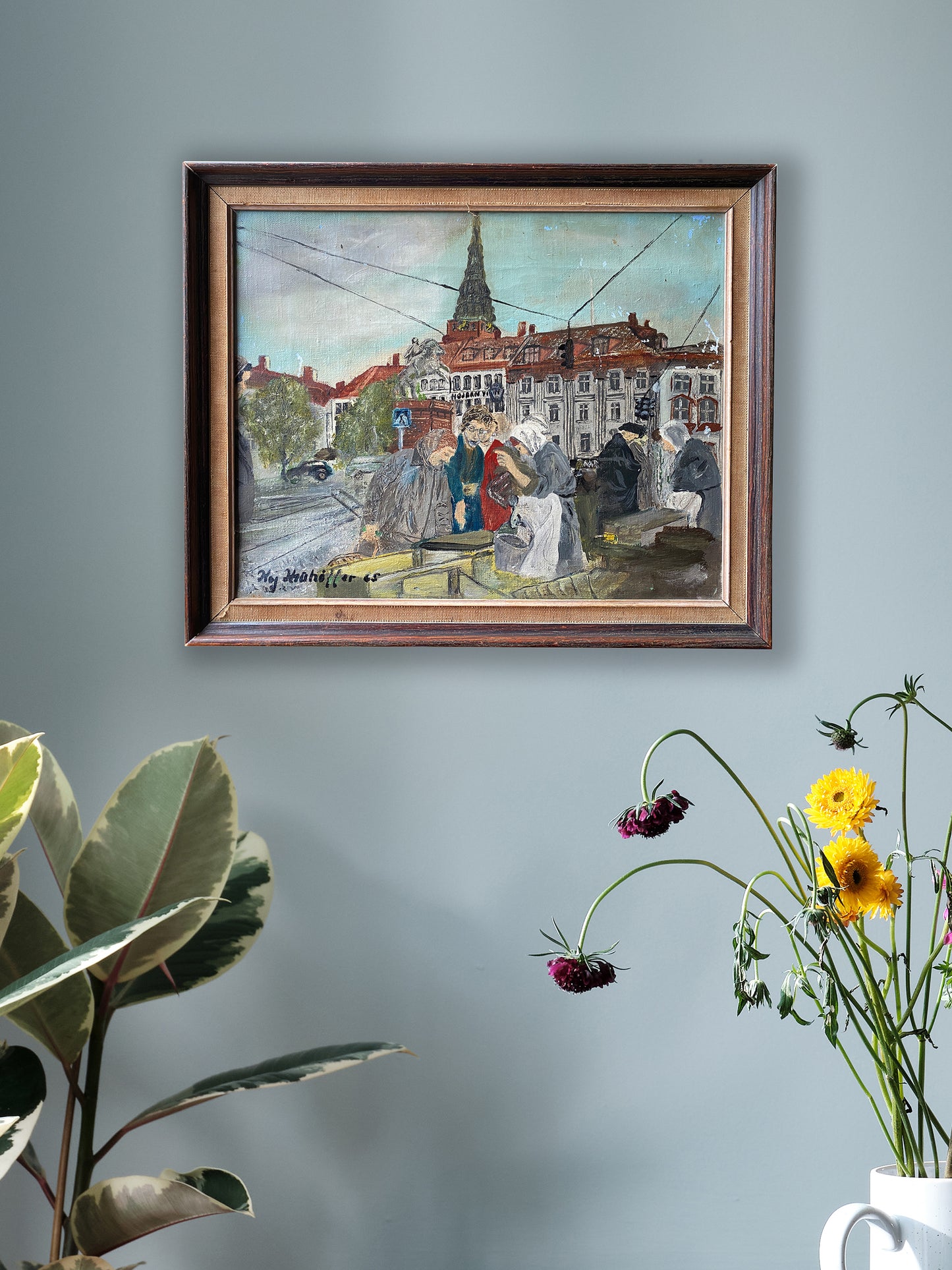 Framed Oil on Canvas "Figures at a busy fish market on the Gammel-Strand" Danish c1950