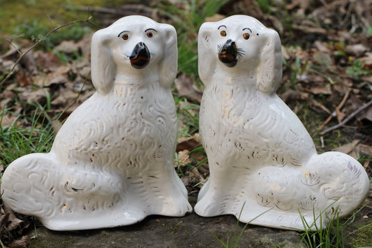 Victorian Pair of Staffordshire Pottery White Flat Backed Wally Dog Figurines