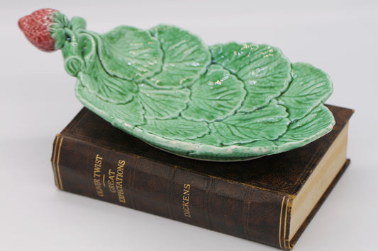 Vintage Portugal Majolica side plate featuring Cabbage leaves and a Strawberry