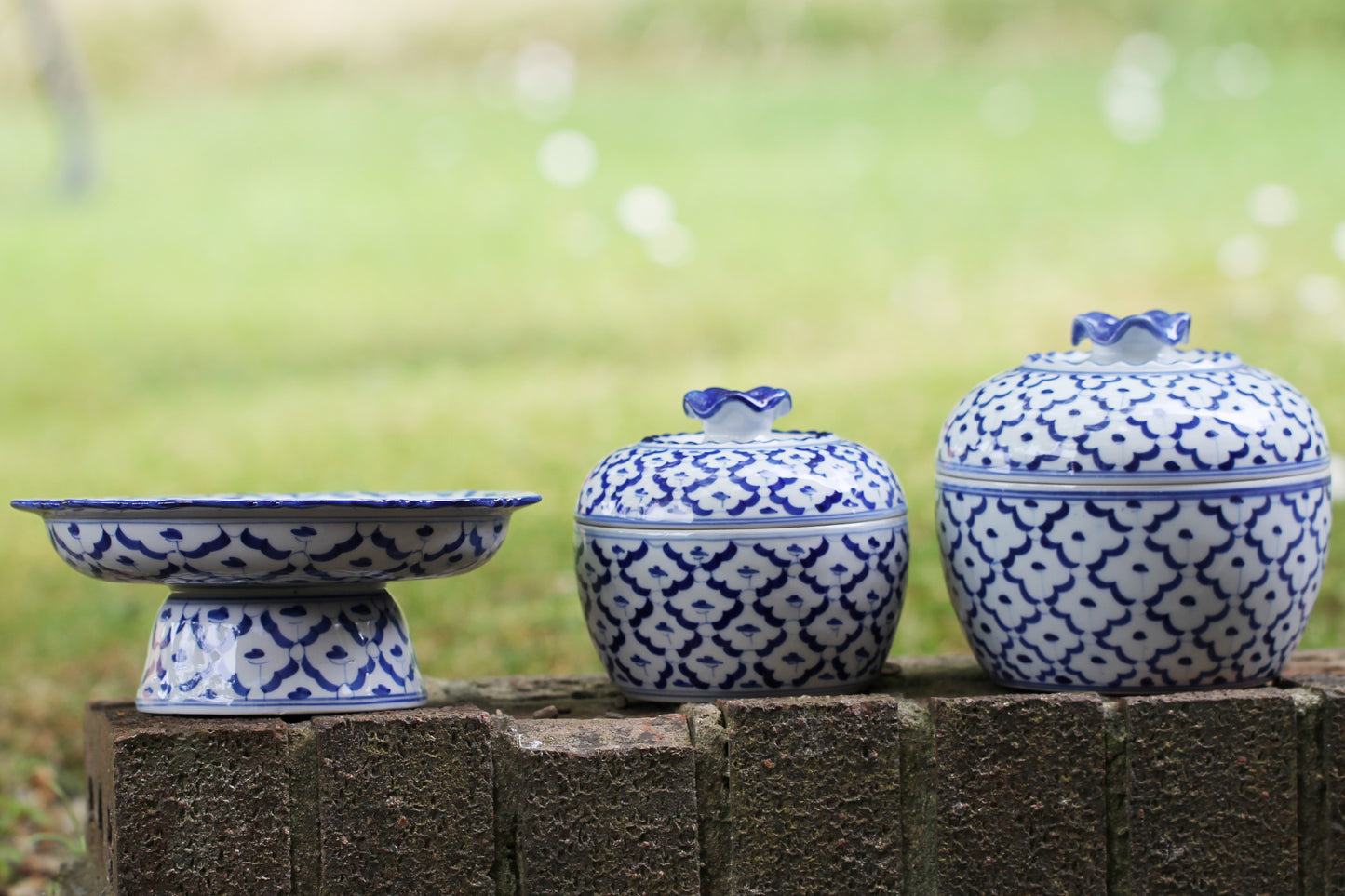 Early 20th Century Chinese Porcelain Blue and White Lidded Jars and Comport