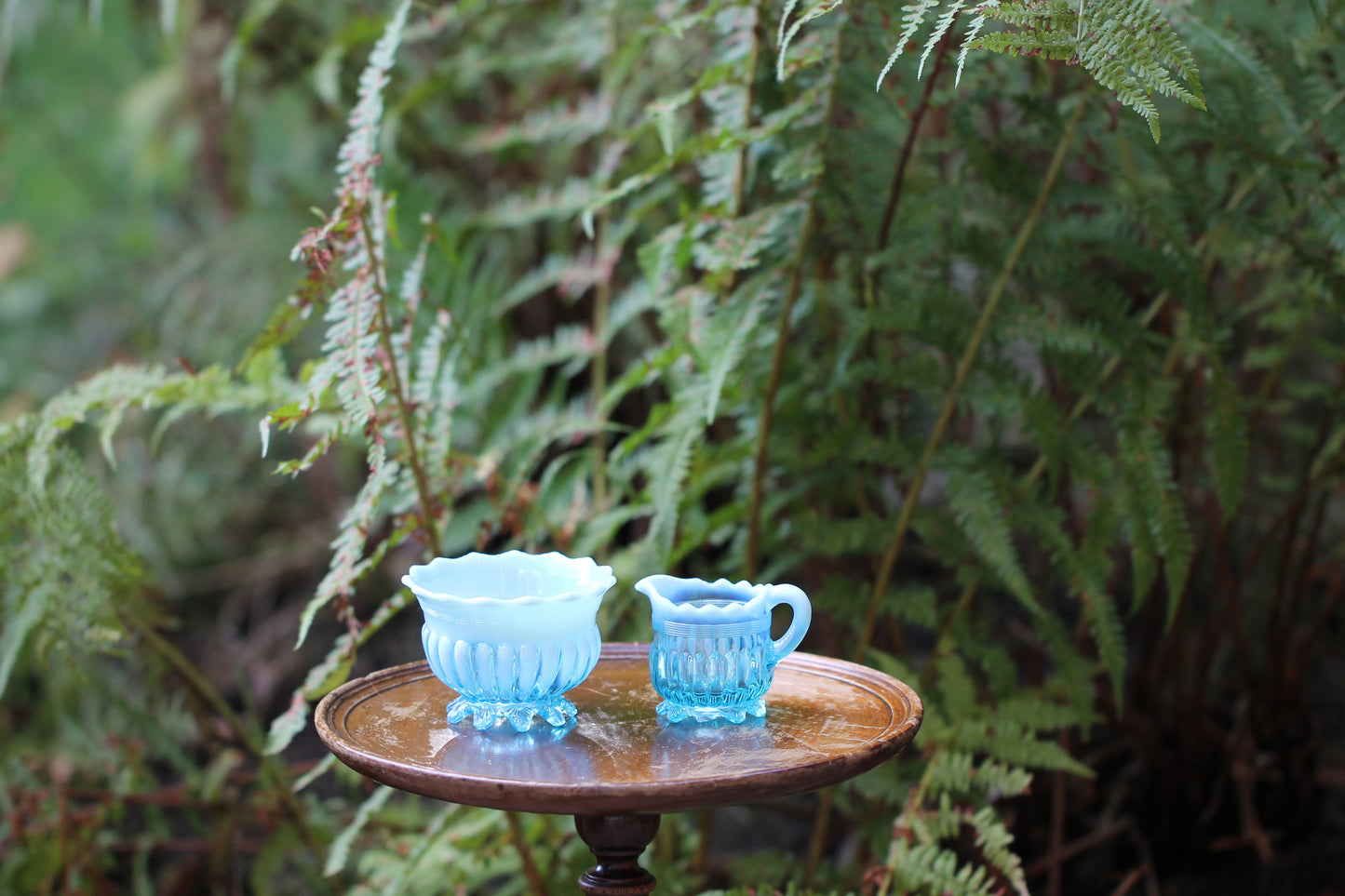 c1900 Victorian British Davidson Glass Lady Caroline Open Sugar Bowl and Jug in Blue Pearline