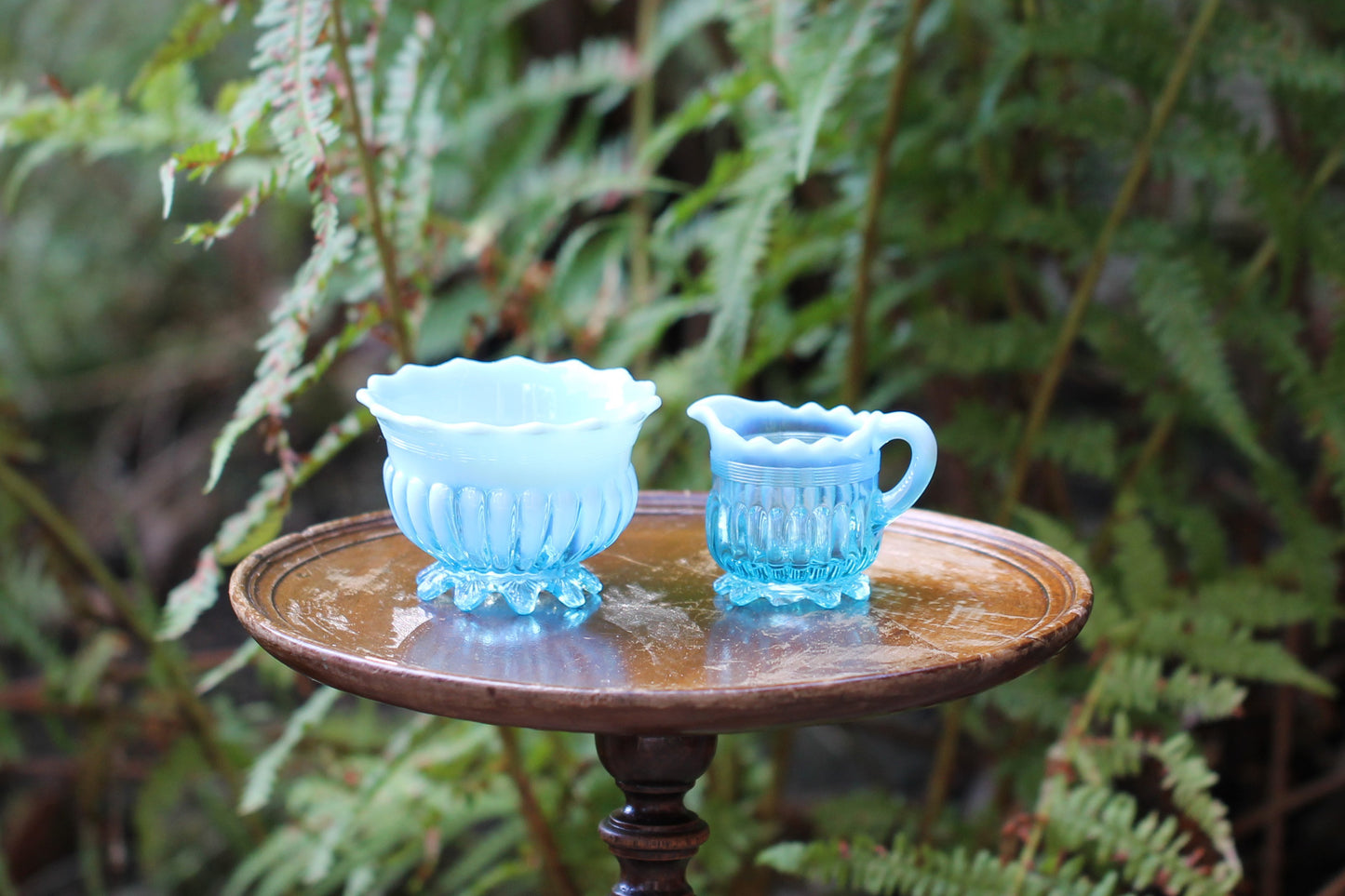 c1900 Victorian British Davidson Glass Lady Caroline Open Sugar Bowl and Jug in Blue Pearline