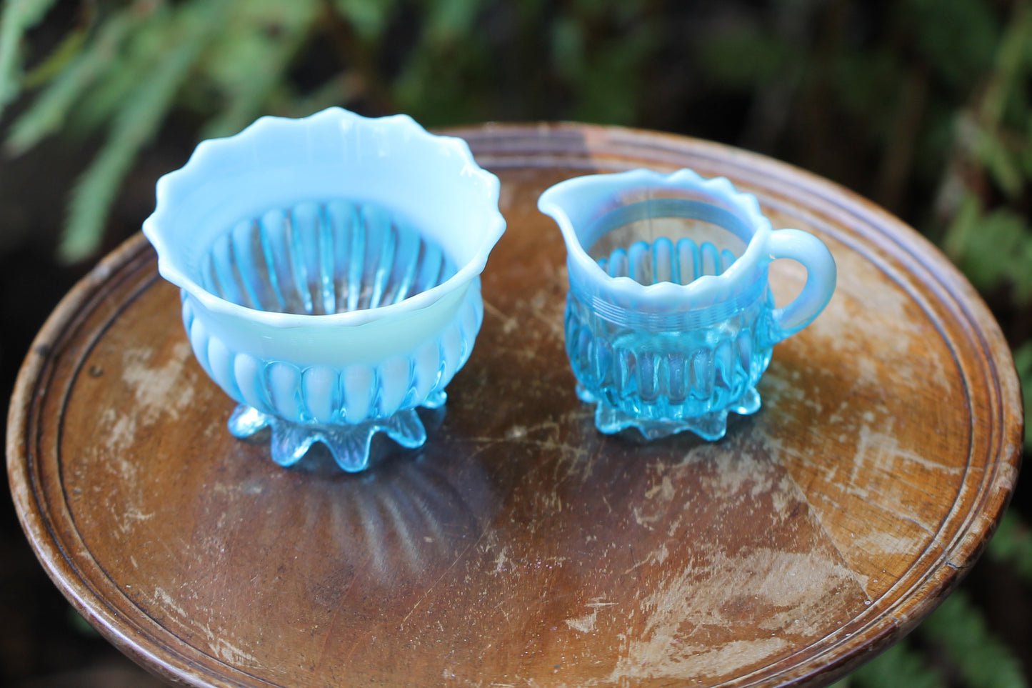 c1900 Victorian British Davidson Glass Lady Caroline Open Sugar Bowl and Jug in Blue Pearline