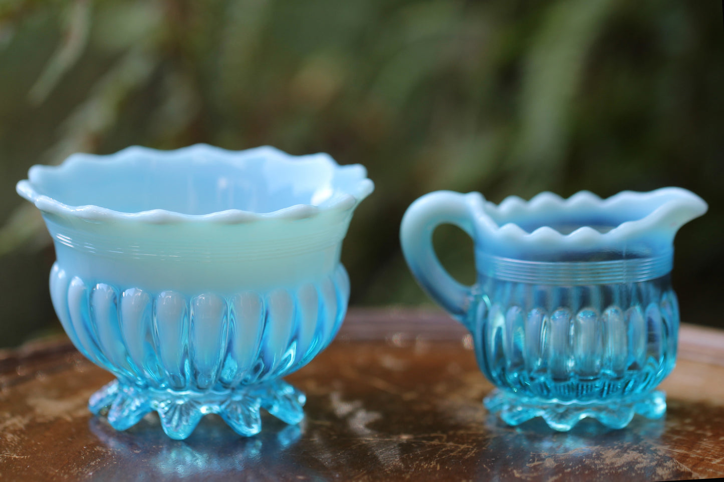 c1900 Victorian British Davidson Glass Lady Caroline Open Sugar Bowl and Jug in Blue Pearline