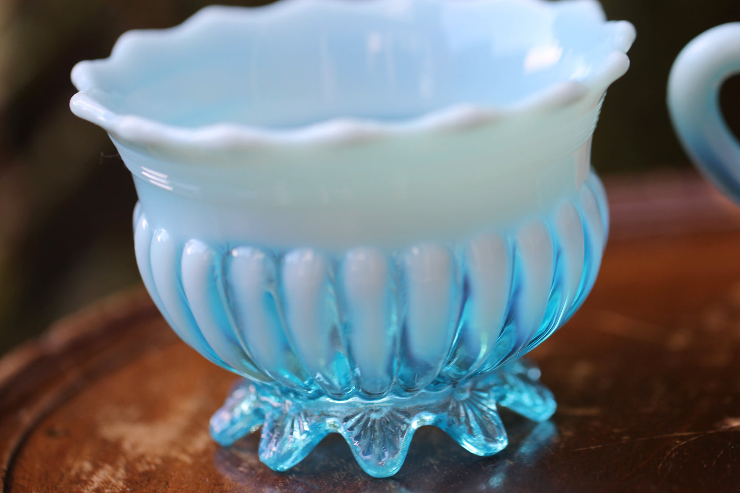 c1900 Victorian British Davidson Glass Lady Caroline Open Sugar Bowl and Jug in Blue Pearline