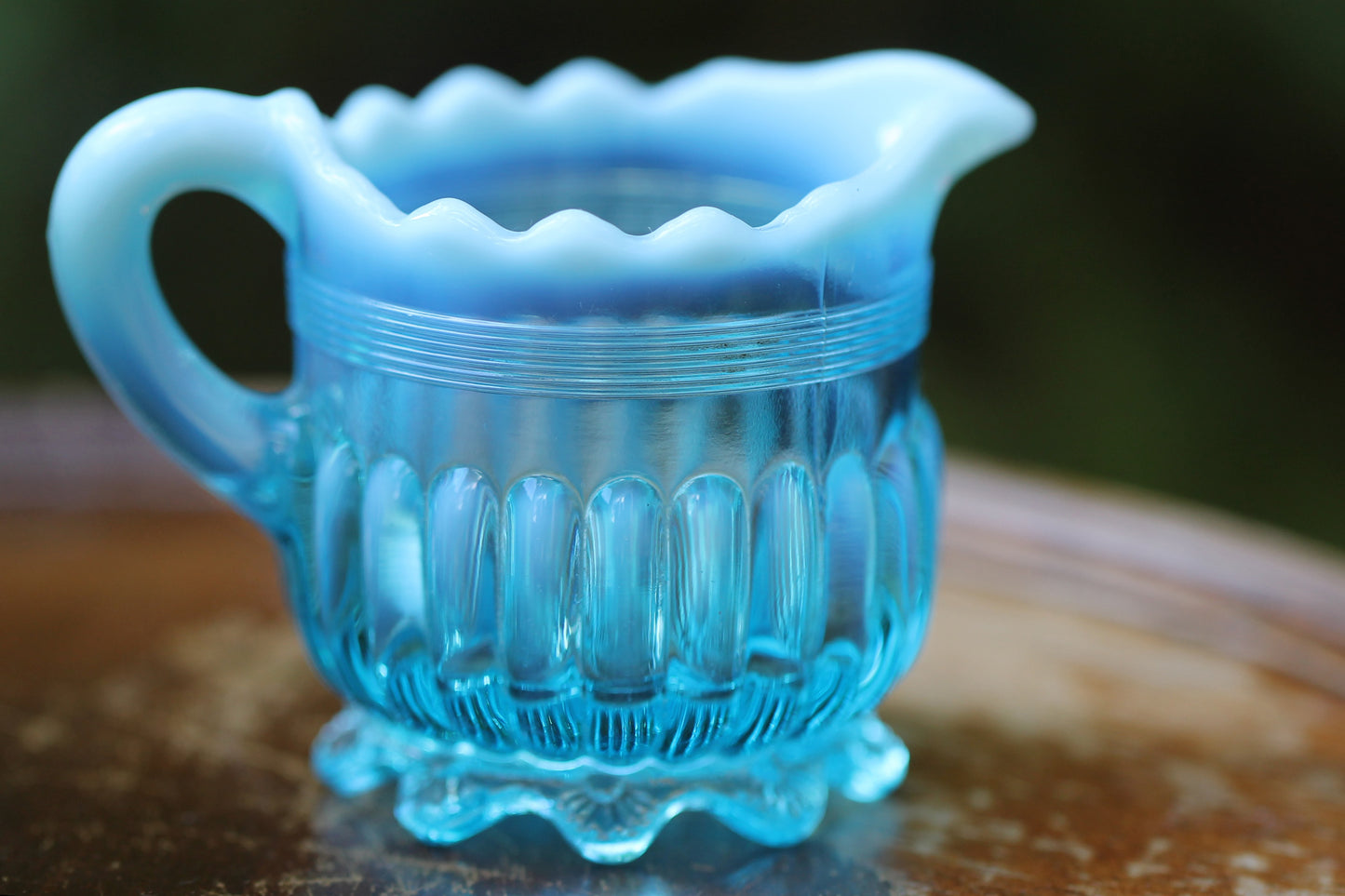 c1900 Victorian British Davidson Glass Lady Caroline Open Sugar Bowl and Jug in Blue Pearline