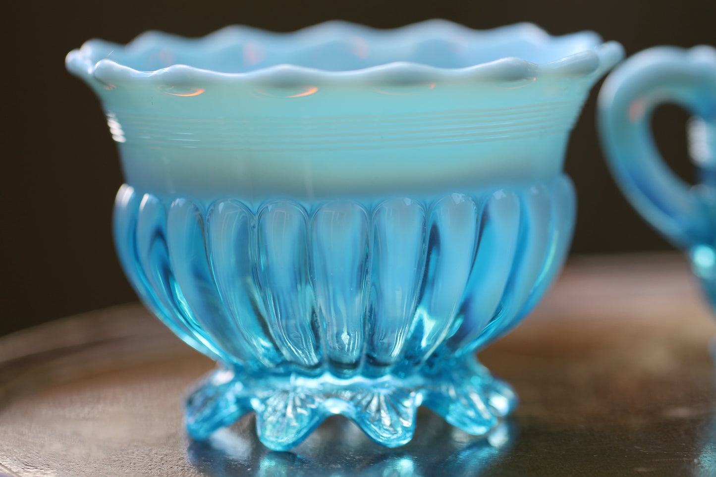 c1900 Victorian British Davidson Glass Lady Caroline Open Sugar Bowl and Jug in Blue Pearline