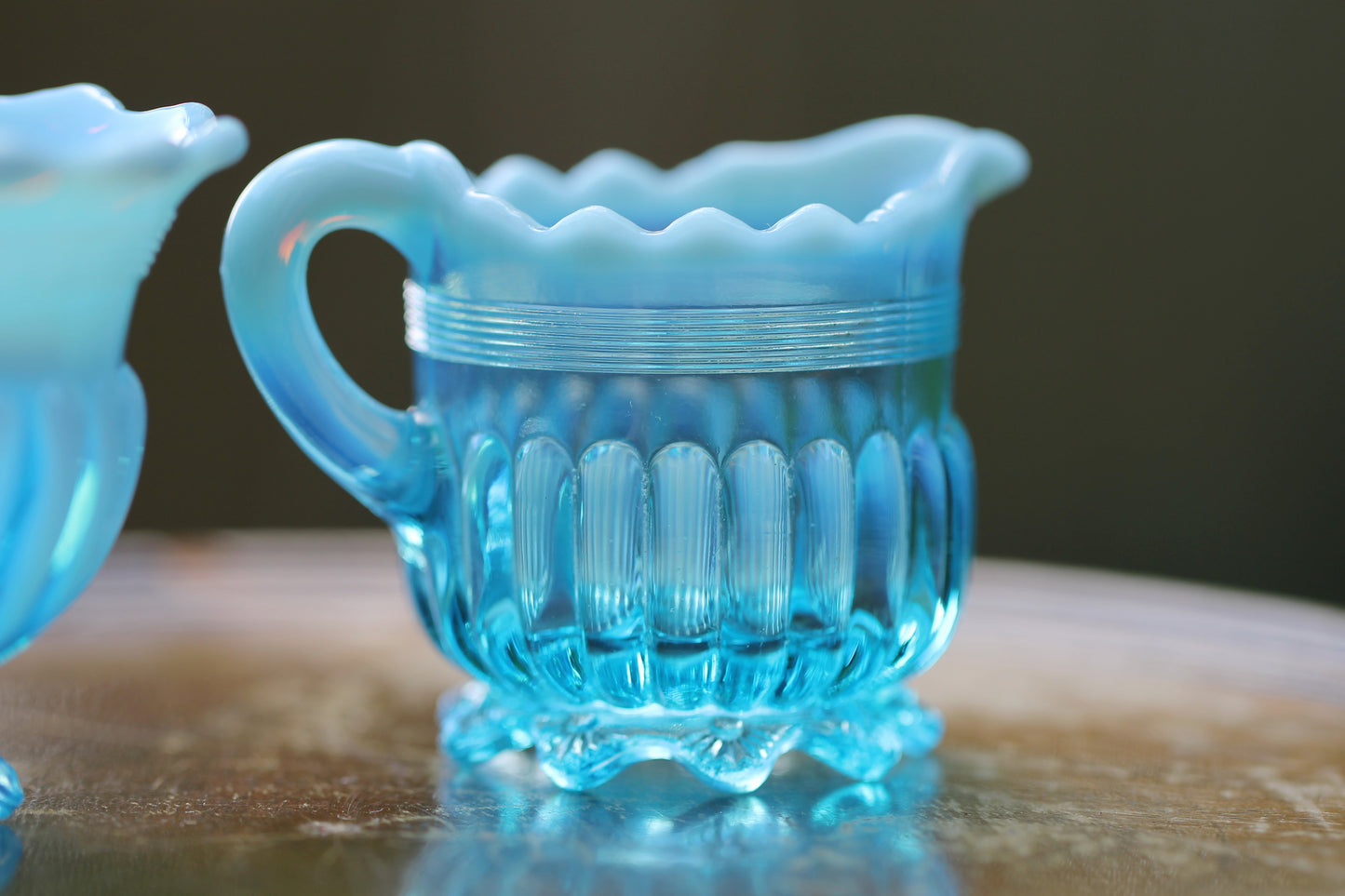 c1900 Victorian British Davidson Glass Lady Caroline Open Sugar Bowl and Jug in Blue Pearline