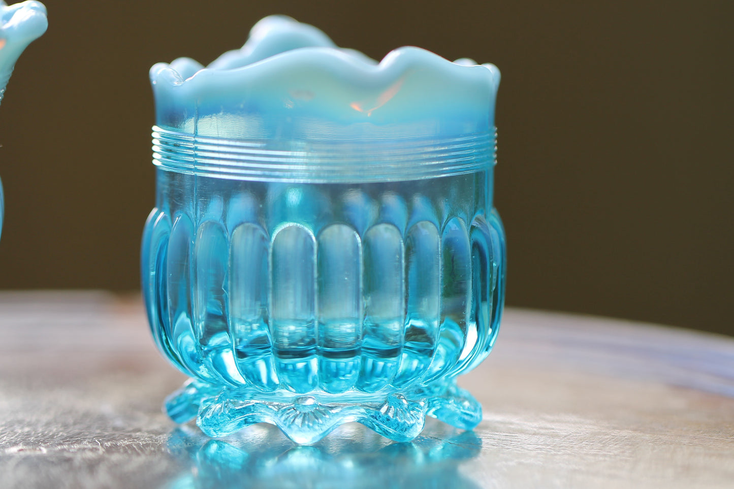 c1900 Victorian British Davidson Glass Lady Caroline Open Sugar Bowl and Jug in Blue Pearline