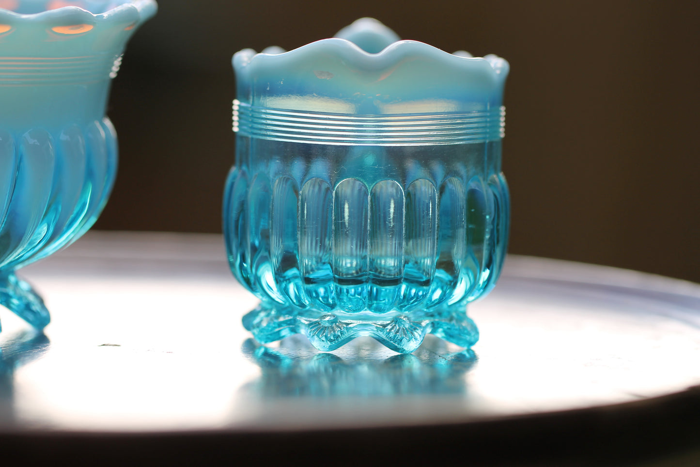 c1900 Victorian British Davidson Glass Lady Caroline Open Sugar Bowl and Jug in Blue Pearline