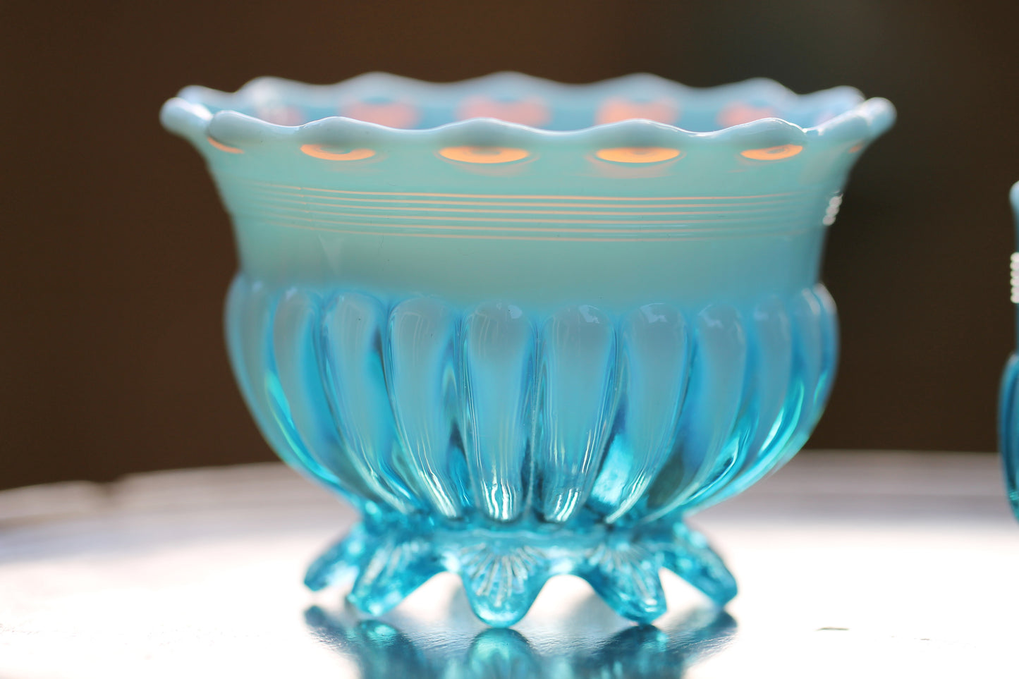 c1900 Victorian British Davidson Glass Lady Caroline Open Sugar Bowl and Jug in Blue Pearline