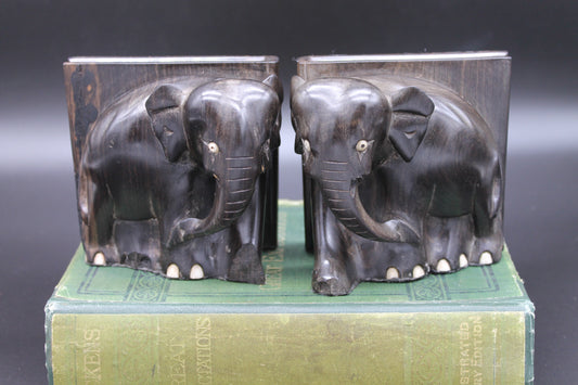 Antique Ebony Elephant Book Ends - Very Old and Heavy