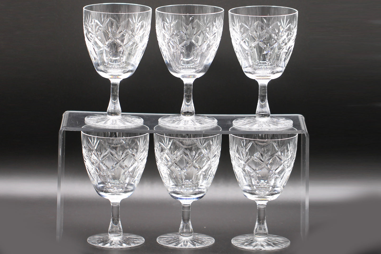 Six Vintage Crystal "Prince Charles" with Cut Foot Claret Wine Glasses / Water Goblet