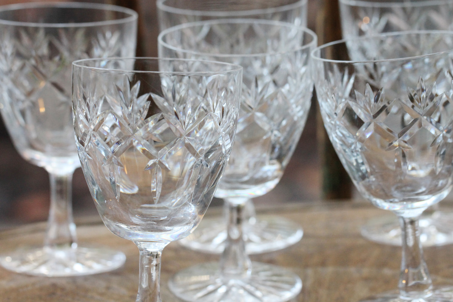 Six Vintage Crystal "Prince Charles" with Cut Foot Claret Wine Glasses / Water Goblet