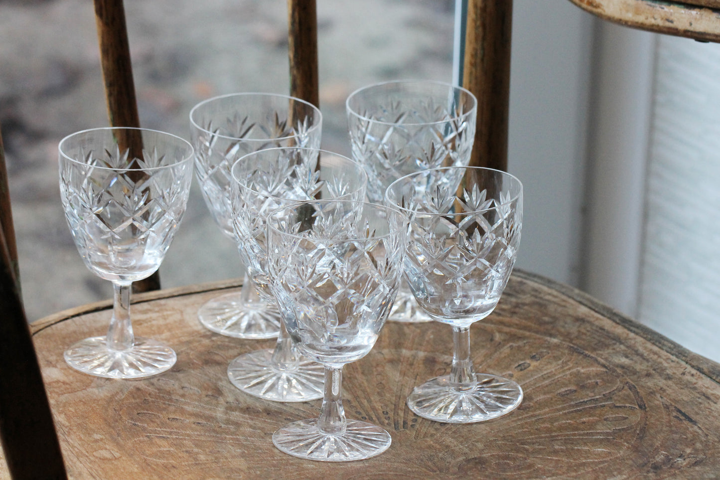 Six Vintage Crystal "Prince Charles" with Cut Foot Claret Wine Glasses / Water Goblet