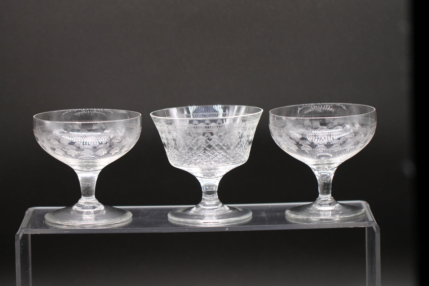 Harlequin Three Lady Hamilton Pall Mall champagne saucers / coupe / cocktail / sundae glasses