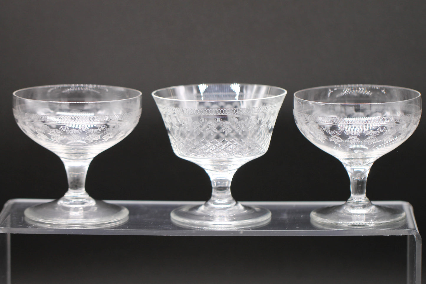 Harlequin Three Lady Hamilton Pall Mall champagne saucers / coupe / cocktail / sundae glasses