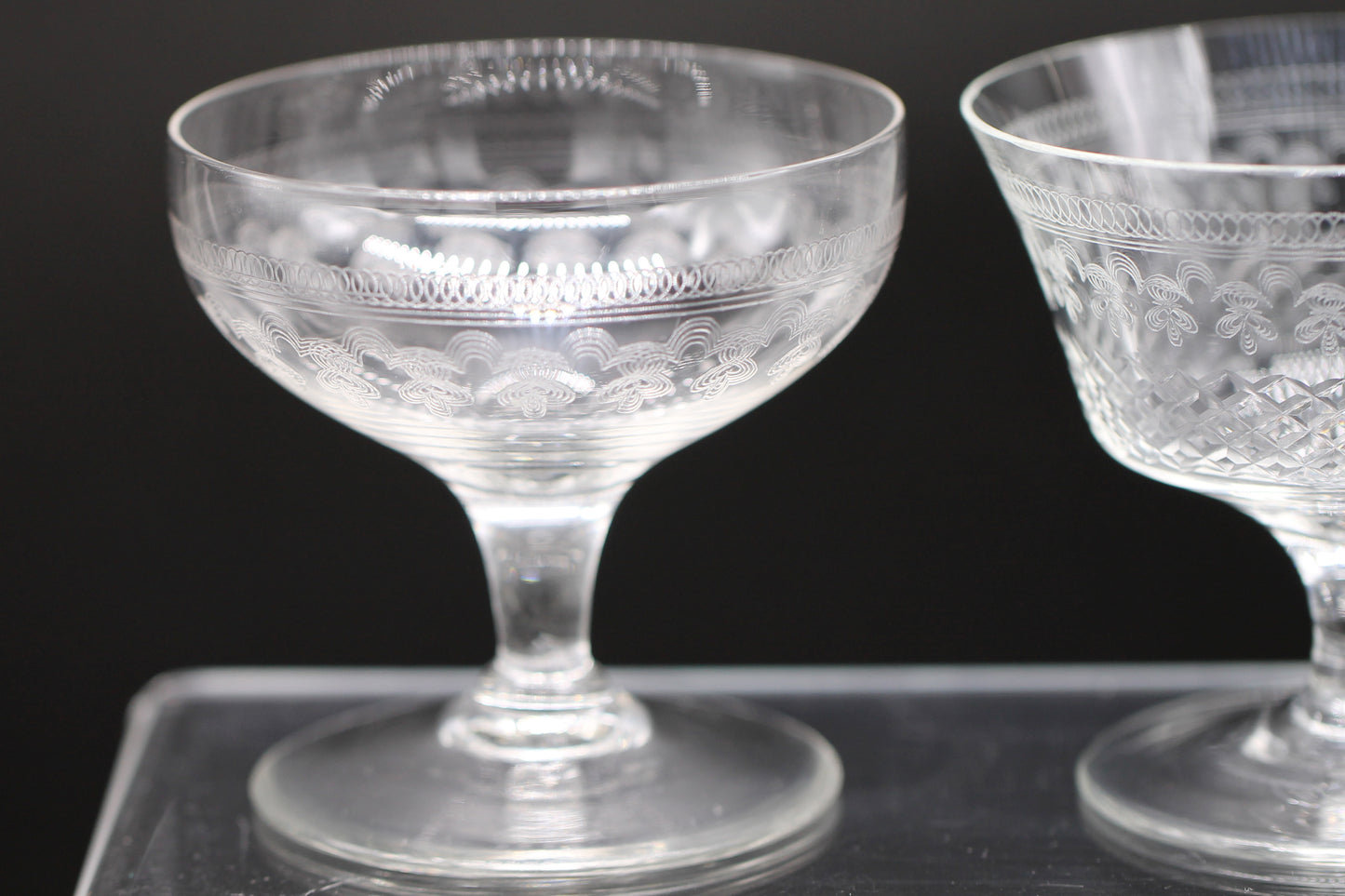 Harlequin Three Lady Hamilton Pall Mall champagne saucers / coupe / cocktail / sundae glasses