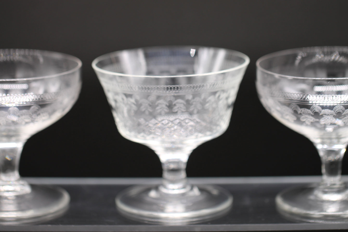 Harlequin Three Lady Hamilton Pall Mall champagne saucers / coupe / cocktail / sundae glasses