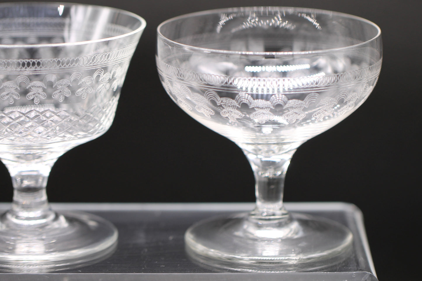 Harlequin Three Lady Hamilton Pall Mall champagne saucers / coupe / cocktail / sundae glasses